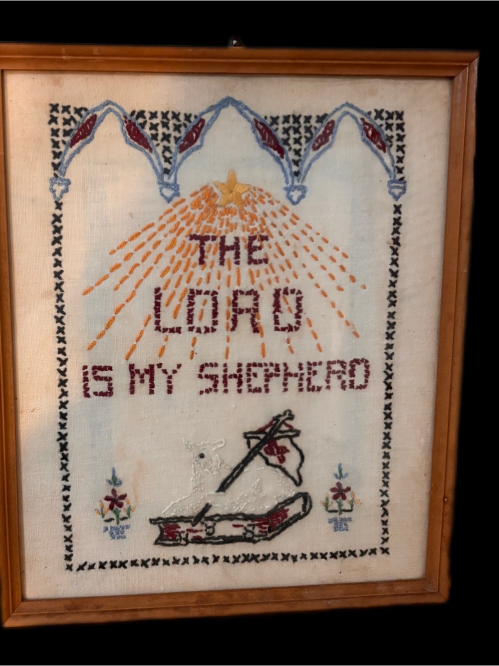 Vintage Hand-Embroidered 'The Lord Is My Shepherd' Wall Art in White and Gold